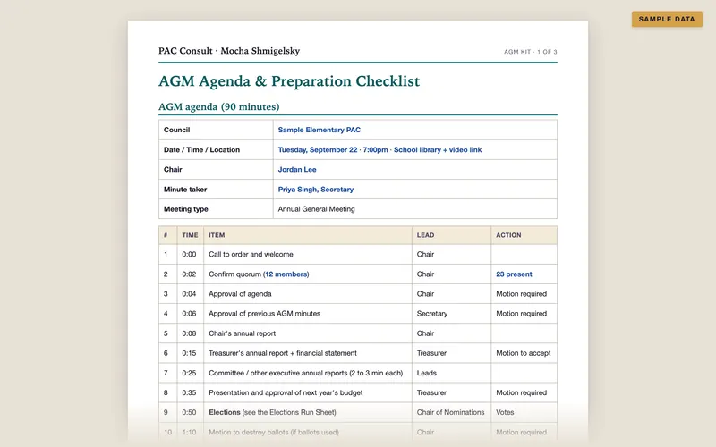 AGM agenda and preparation checklist from the AGM Kit, with sample data