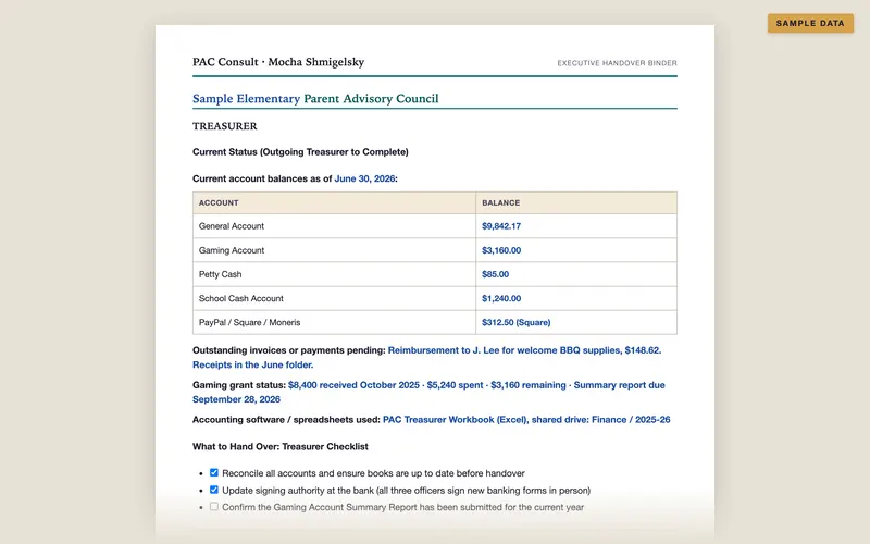 Treasurer page of the Executive Handover Binder, with sample data